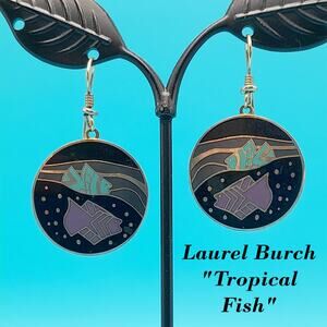 Vintage Laurel Burch Tropical Fish Drop Earrings, Cloisonné Enamel Gold Plated